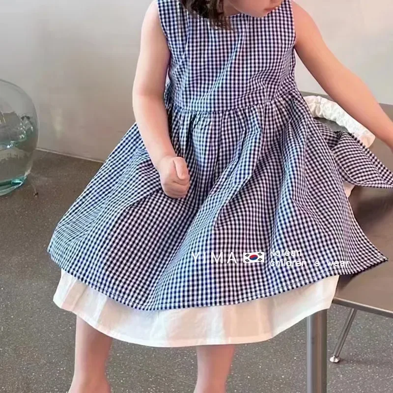 2024 Summer Kids Dresses for Girls Cute Blue Plaid Splice Dress Toddler Girl Kawai Tank Dress Princess Dress for Girls