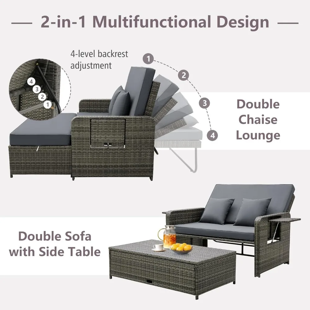 Patio Rattan Daybed Set, Wicker Loveseat Sofa w/Multipurpose Ottoman & Retractable Side Tray, 4-Level Adjustable Backrest