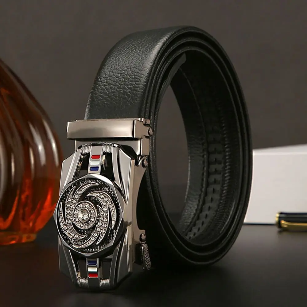 Fashion Luxury Design Automatic Buckle Belt Business Rhinestone Decoration Rotatable Buckle Waistband Leather Ratchet Belts