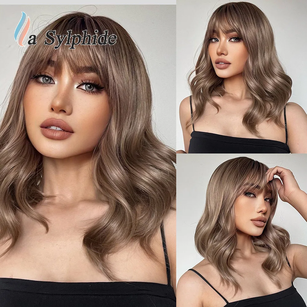 

New Air Bangs Medium Long Curly Hair Brown White Gold Mixed Color European and American Wig Women's High Temperature Silk Chemic