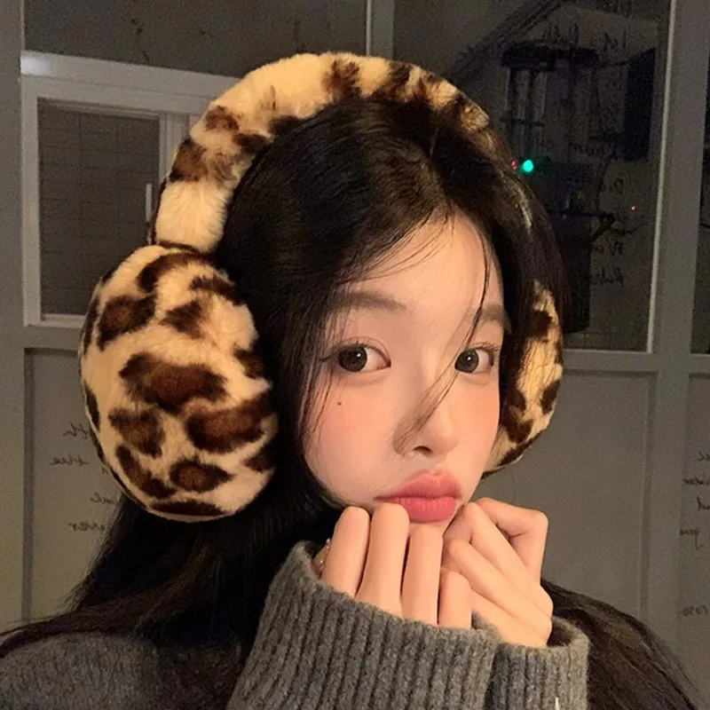 Women Fur Leopard Earmuffs Winter Thickened Warm Y2k Japanese JK Women Ear Cover Protection Cycling Earbags Y2k Accessories