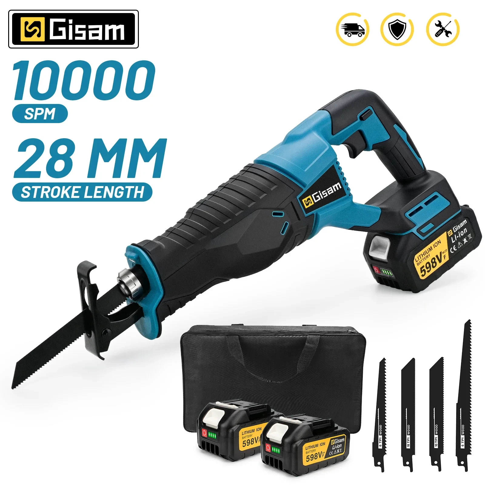 Gisam 3000W 10000SPMเลื่อยลูกโซ่ไฟฟ้าSaber Sawแบบพกพาไร้สายเครื่องมือสําหรับMakita 18Vแบตเตอรี่Pin