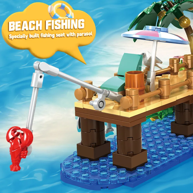 

City Dock Harbour Seaside Fishing Platform Lighthouse with LED Beach Camping Boat Model Moc Building Blocks Toys for Boys Gift