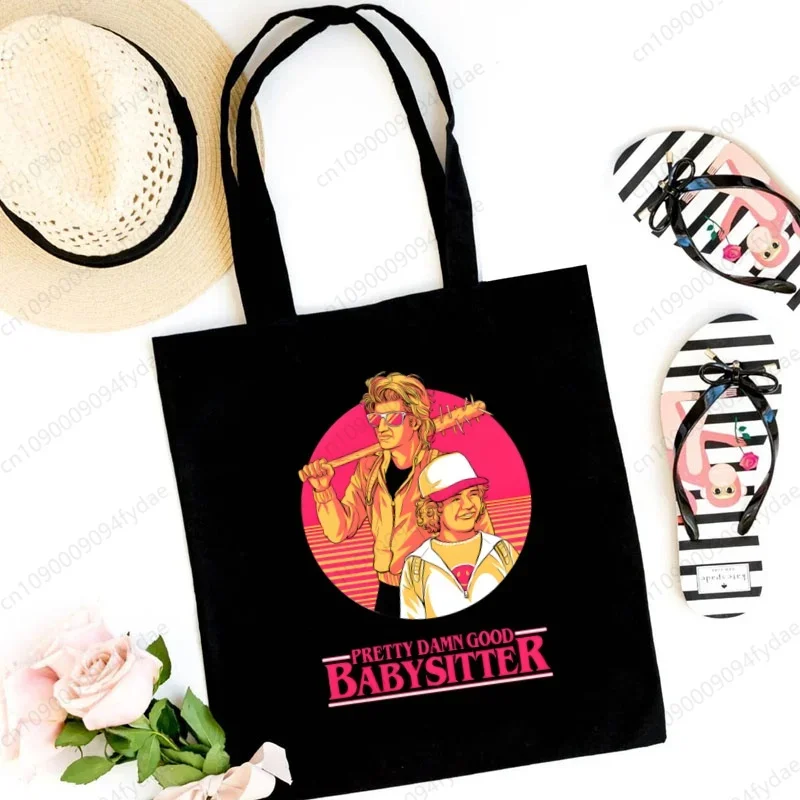 Stranger Things Harajuku 90S Tote Bag Woman Bags Ladies Shopping Bag Shoulder Bag Portable Foldable Black Handbag Large-capacity