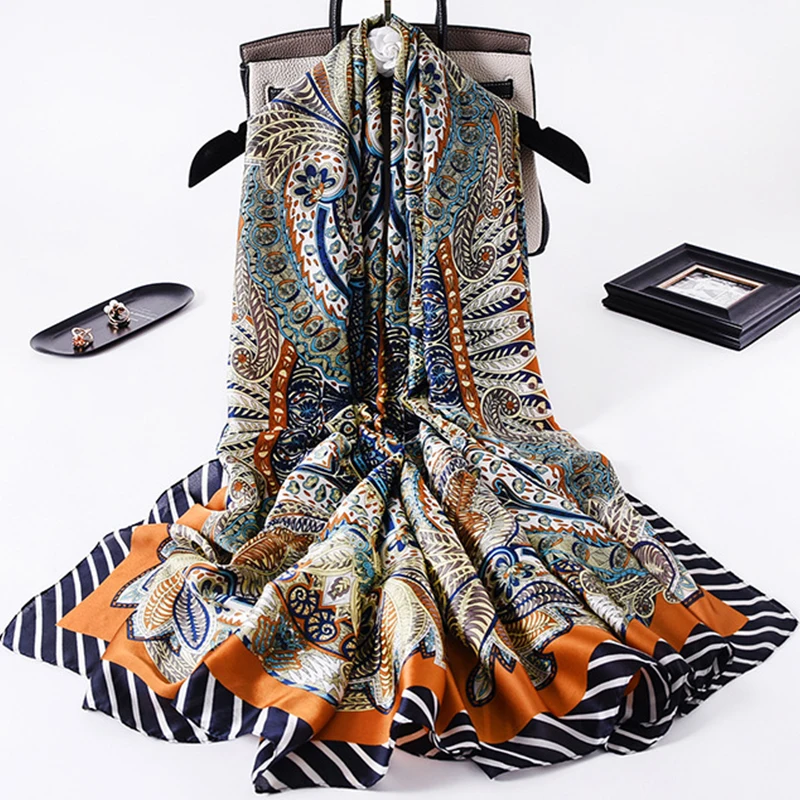 2023 Women 180*90cm Silk Scarf Female Elegant Echarpe Mujer pareo beach Sunscreen Soft Shawl wrap foulard bandanna muffler lady