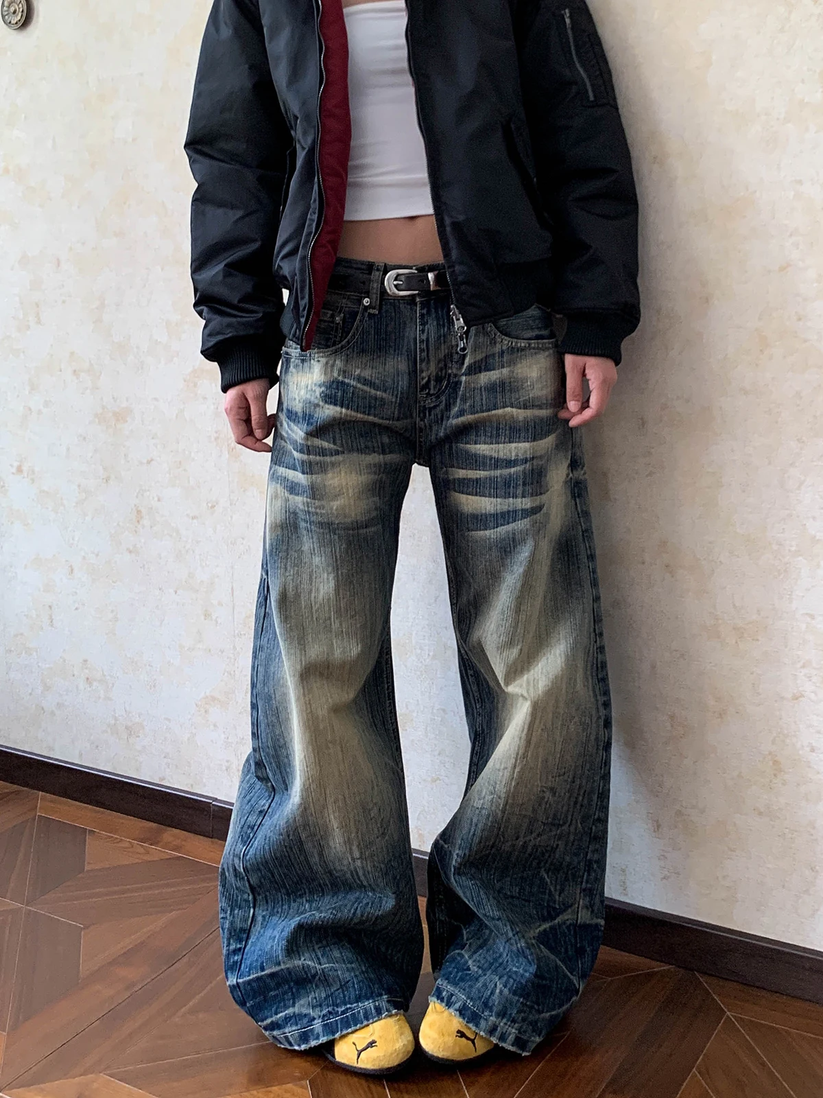 

Aket Американские широкие брюки с широкой талией, прямые джинсы свободного кроя, женские уличные хлопковые джинсы с талией, износостойкие