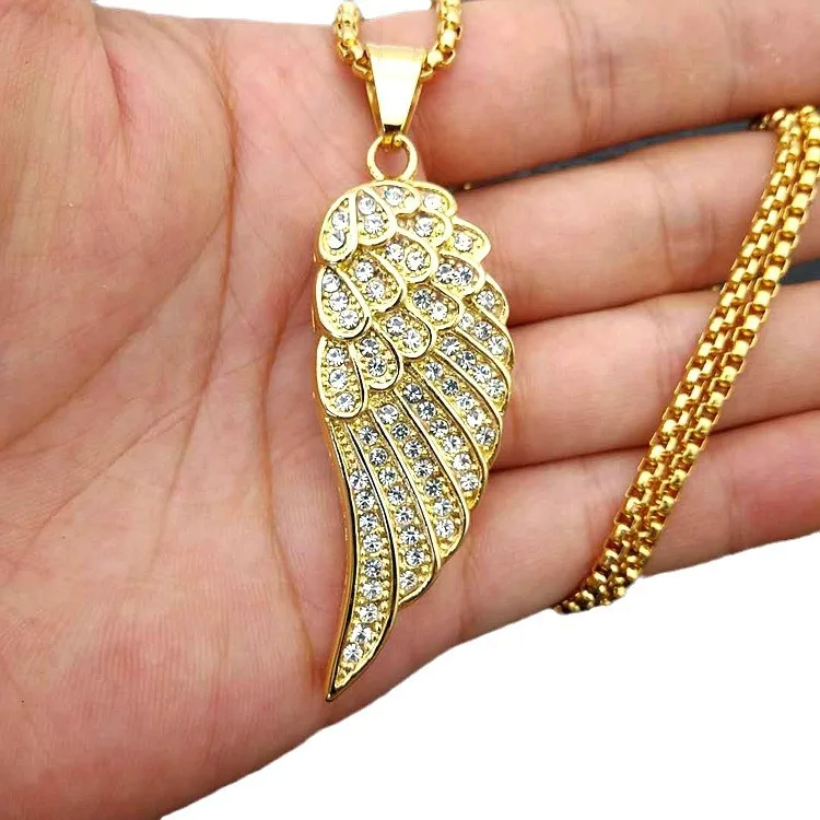 

Besiko Hip-Hop Bling Iced Out Zircon Stainless Steel Angel Wing Pendants Necklaces For Women's Men's Rapper Punk Jewelry