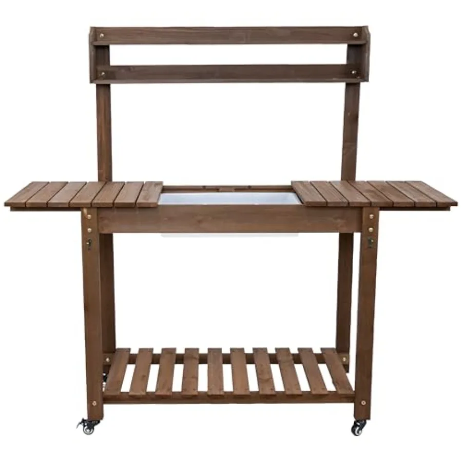 Sunnydaze Wheeled Garden Potting Bench with Sink - Outdoor Potting Table - Garden Table with Planting Station and Hooks - Brown