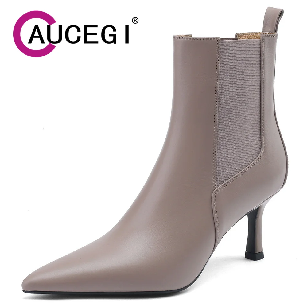 

Aucegi Cow Genuine Leather Women Short Spring Autumn Ankle Boots Sexy Pointed Toe Thin High Heels Elegant Dress Party Shoes