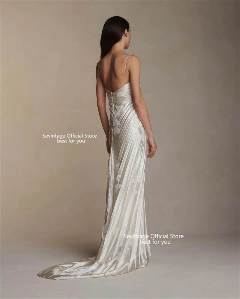 Sevintage Boho Lace Wedding Dresses Mermaid Draped Pleats Bridal Gowns Spaghetti Straps Wedding Dresses Backless Train Women2024