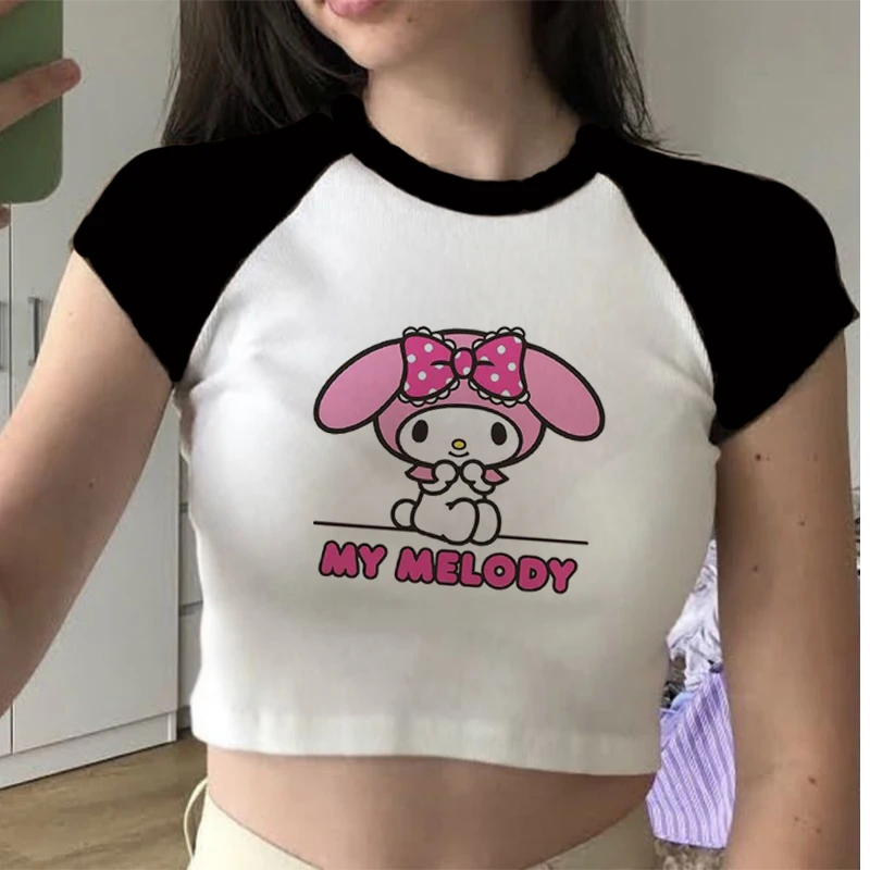 Aesthetic Y2k Cute Anime Melody Prints Women Cartoon Crop T-shirt New Summer Harajuku Casual Short Sleeved Streetwear Tees