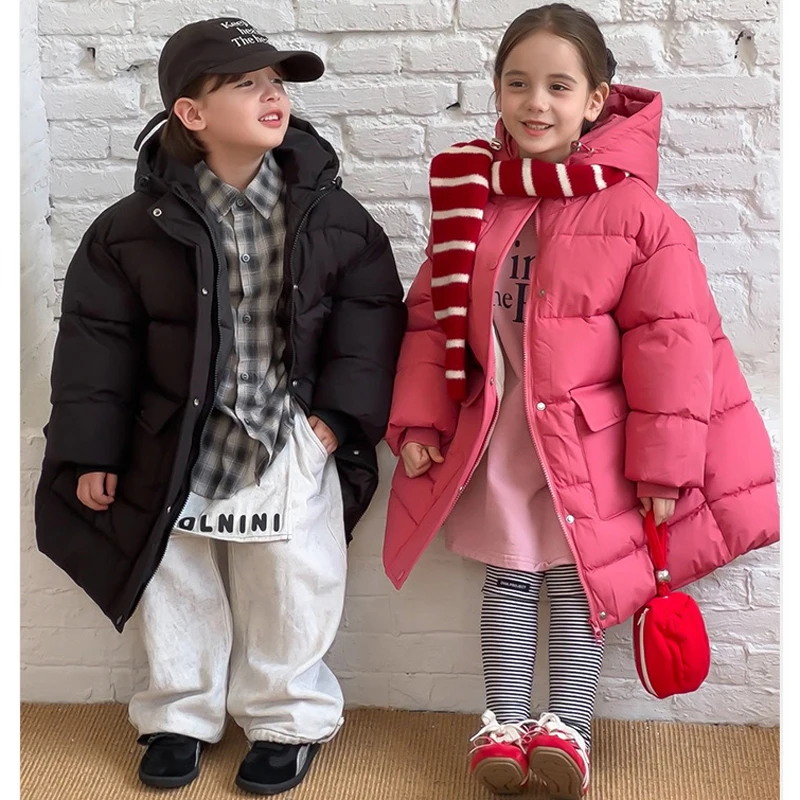 

Winter New Boys Girls Jacket Solid Color Thick Keep Warm Hooded Zipper Outwear For 5-12 Years Kids Cotton Down Casual Snowsuit
