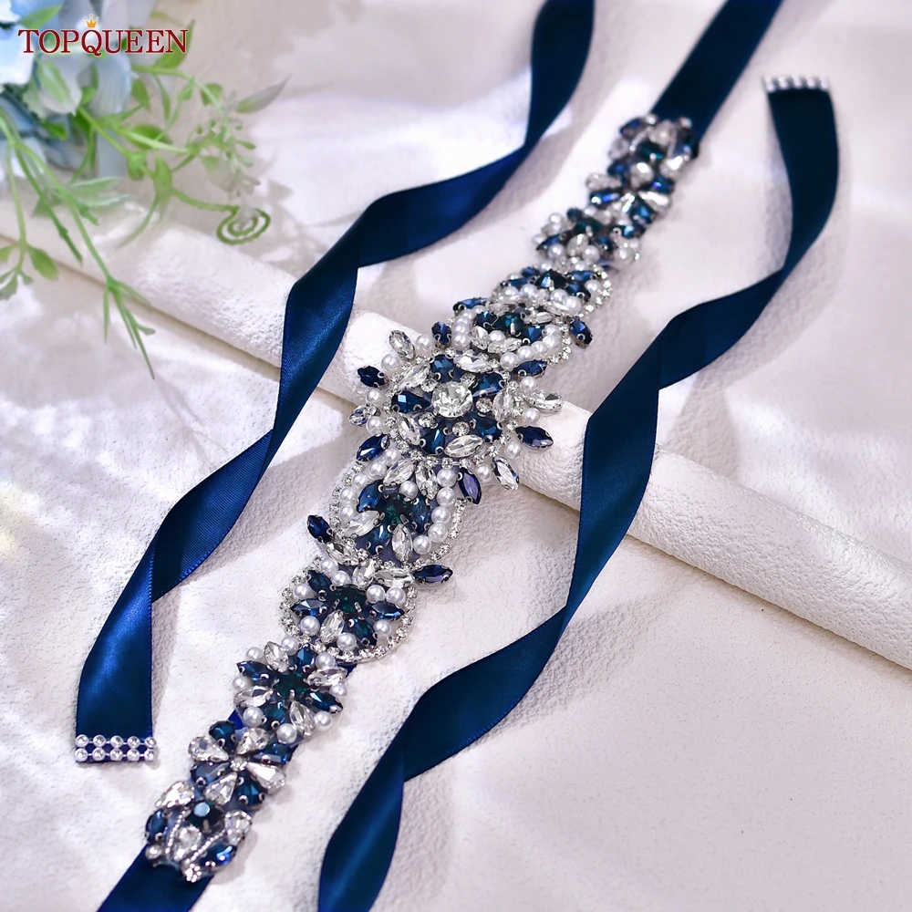 TOPQUEEN Luxury Navy Blue Diamond Applique Wedding Belt Bridal Accessories Party Dinner Long Dress Jewellery Women Sash S445-ML