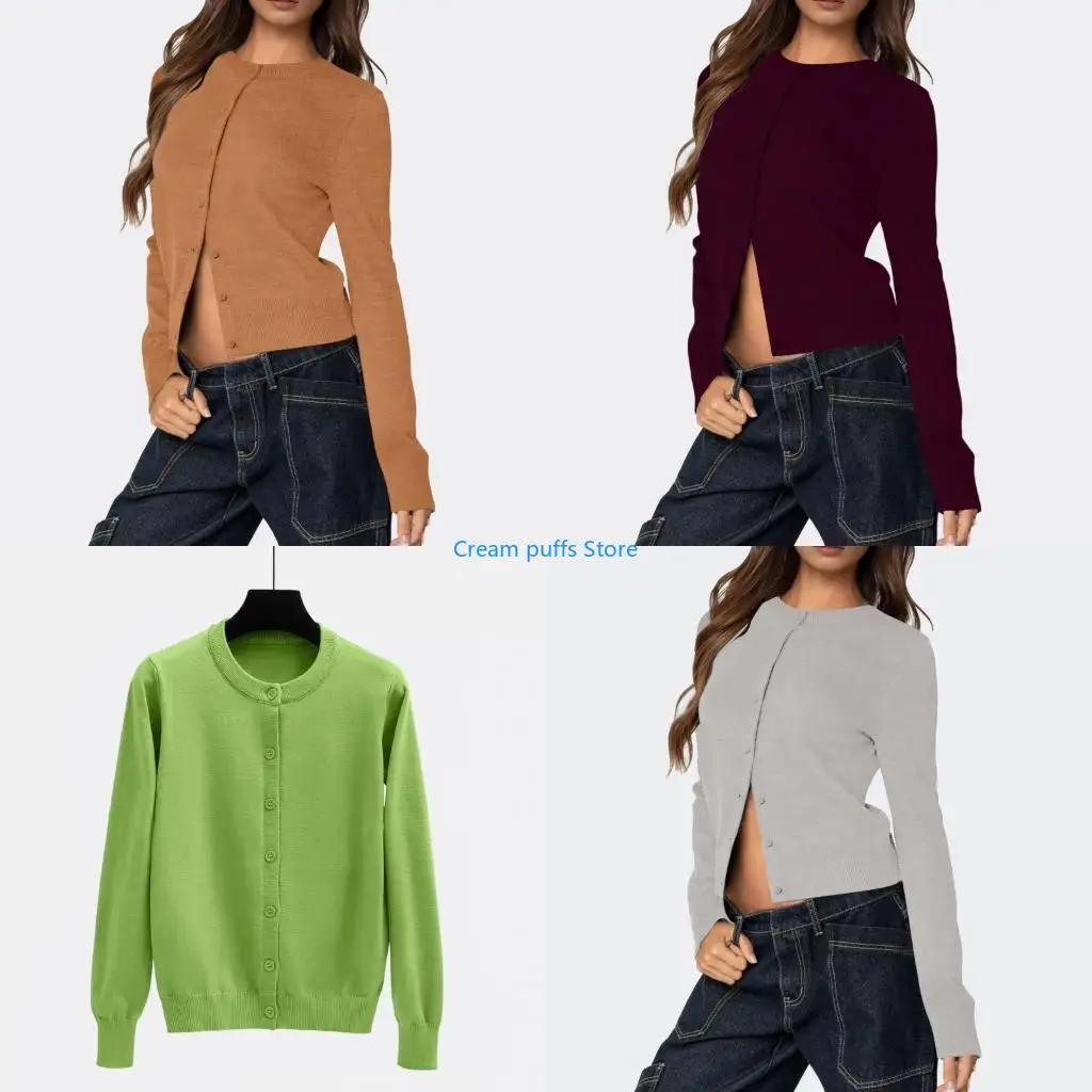 

50LE Women's Short Cardigan Sweater, Lightweight Autumn Short Cotton Knitwear, Fashionable Button-Down Clothing