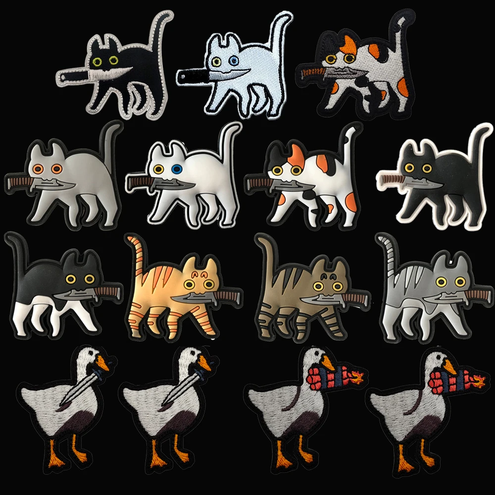 Quality Choices Cartoon Goose  Cat With Knife Embroidery PVC Rubber Animal Patch For Clothing Military Army Tactical Outer Patch