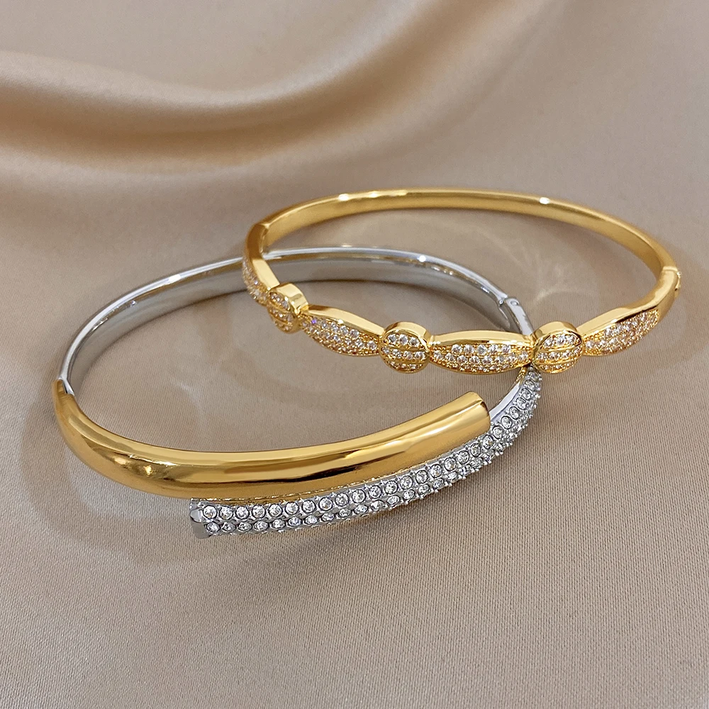 DODOHAO Luxury Golden Silvery Stainless Steel Bracelet for Women Inlaid Rhinestones Zirconia Irregular Cuff Bangle Jewelry Gift