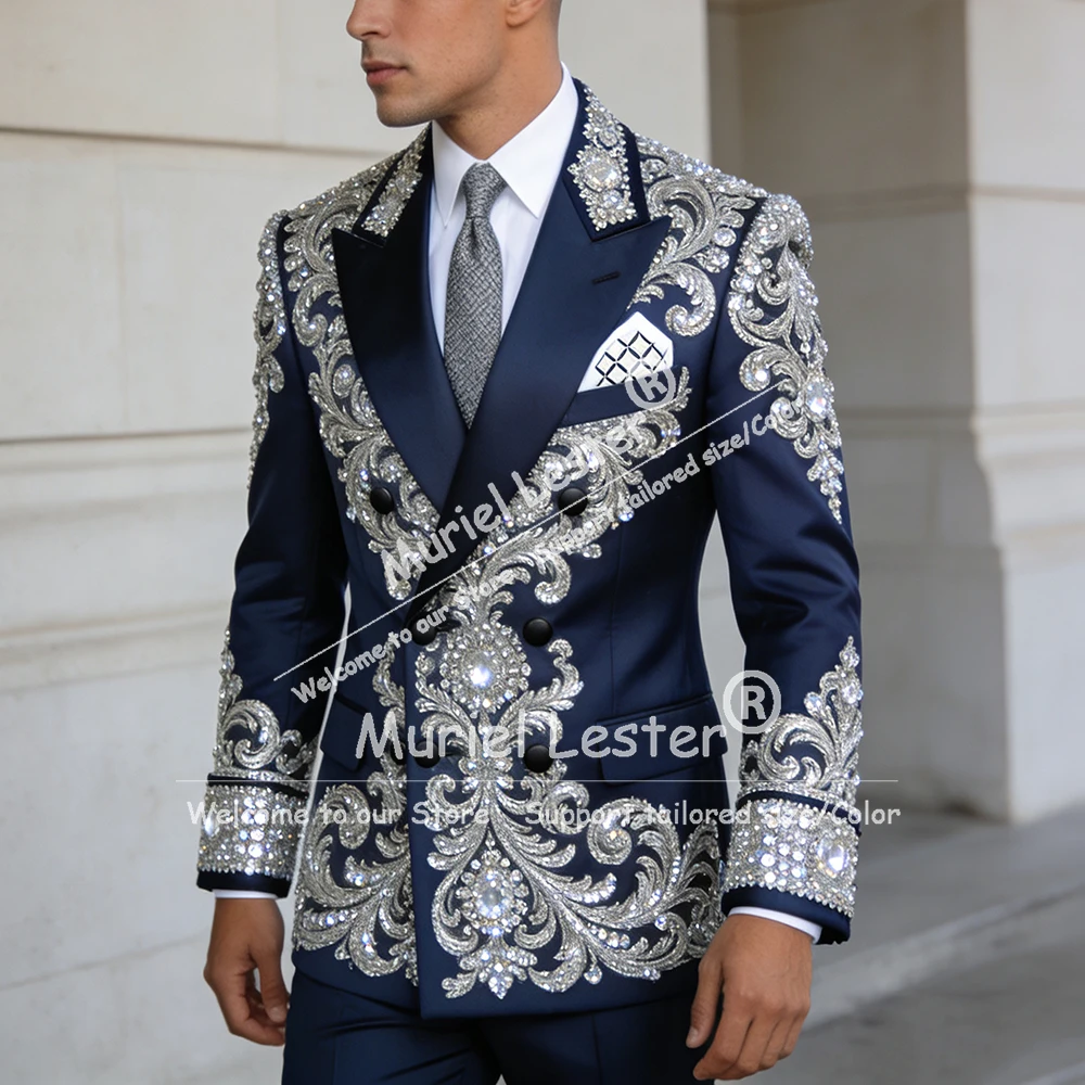

Metallic Jewelry Stones Beaded Groom Wedding Tuxedos 2 Piece Set Double Breasted Jacket Pants Men Suit Attire Fit Ropa Hombre