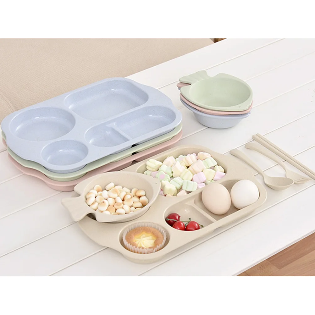 

5pcs Set Children Dinnerware Set Wheat Straw Divided Food Plate For Kids Safe Durable Tableware Baby Feeding Supplies