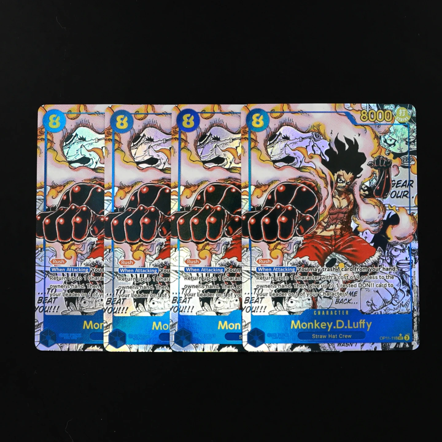 Tarjeta de manga OP11-118 Luffy de One Piece TCG OPCG en inglés, tarjeta de 8 costos, Luffy Gear 4 azul, tarjeta con textura de manga.