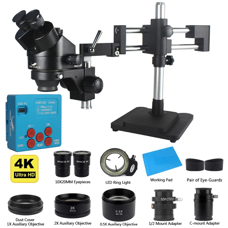 4K 48MP HDMI USB Industrial Camera 3.5X-90X Double Boom Stand Zoom Simul Focal Trinocular Stereo Microscope For Phone PCB Repair