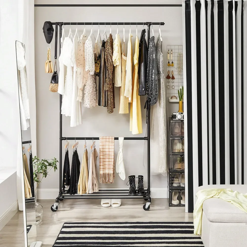 

HeavyDuty Clothes Rack, DoubleRod Clothing Rack For Hanging Clothes, Industrial Garment Rack On Wheels, Adjustable Metal Frame,