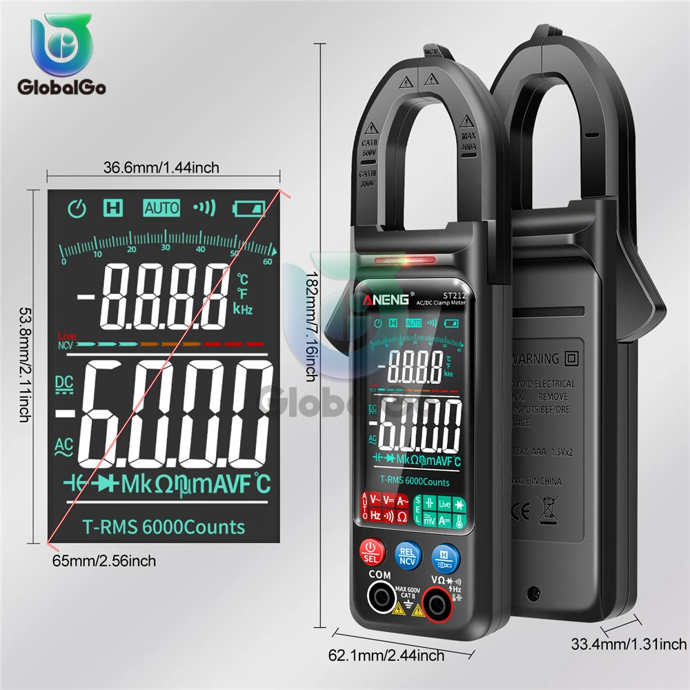 ANENG ST212 Digital Clamp Meter DC/AC Current 6000 Counts Multimeter Ammeter Voltage Tester Car Amp Hz NCV Ohm Test