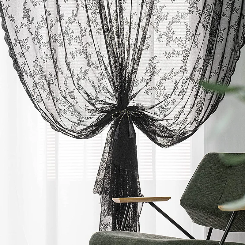 Luxury American retro warp knitted lace black bedroom balcony live room decorative partition curtain window screen