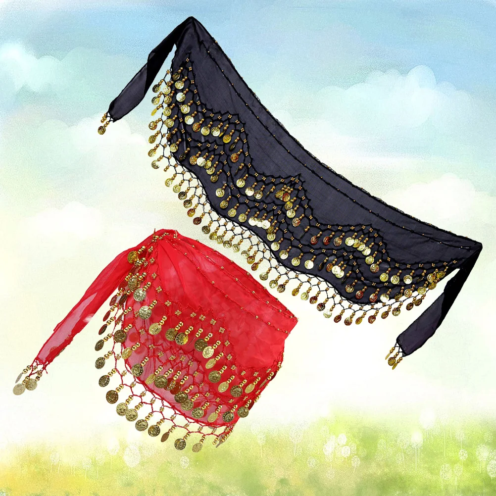 2 قطعة سلسلة الخصر الرقص الشرقي 128 عملات الورك وشاح تأثير الصوت زي ملحق وشاح أسود الرقص الورك تنورة