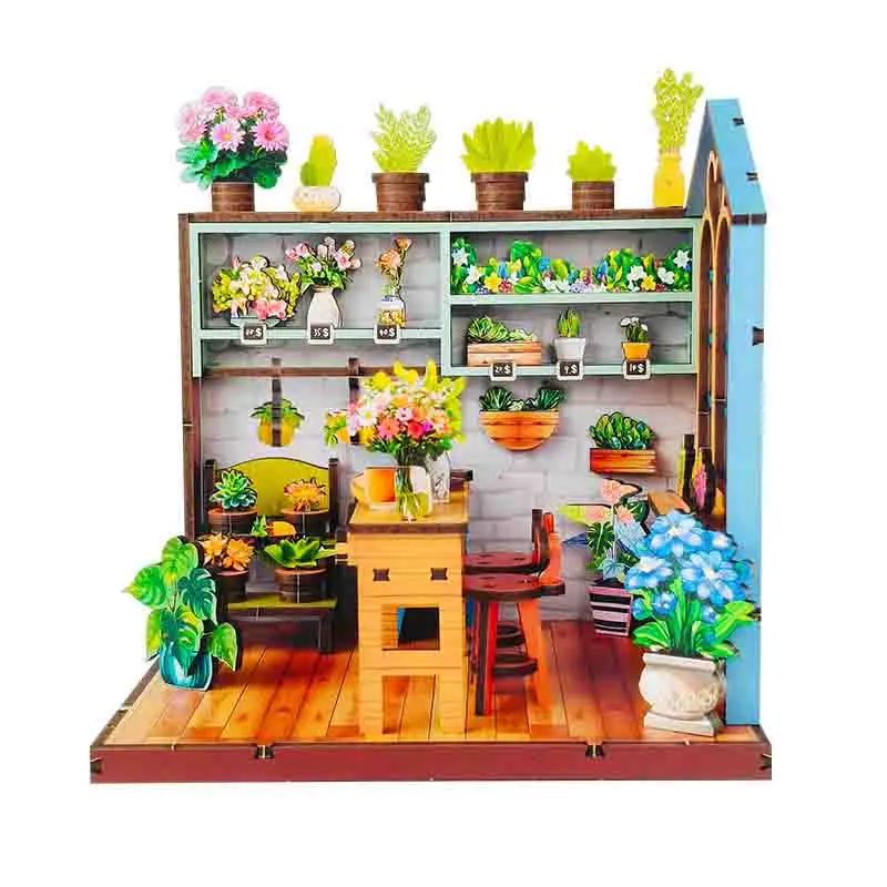 Kits de construction miniatures en bois, bricolage, magasin de fleurs, maisons de poupées avec meubles, maisons de poupées pour amis, cadeaux d'anniversaire