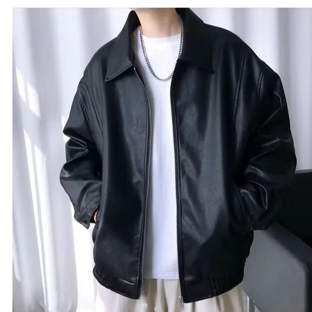 الرجال فو الجلود معاطف الصلبة التلابيب عادية بولي Leather الجلود الدراجات النارية جاكيتات الخريف فضفاض سحابات القمم Vintage تخفيف الرجال معاطف