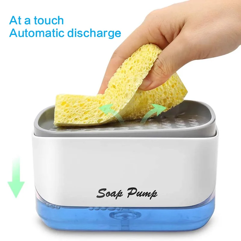 Automatic Soap Dispenser with Sponge Holder for Kitchen, Refillable Soap Container with Drain, Convenient Cleaning Tool