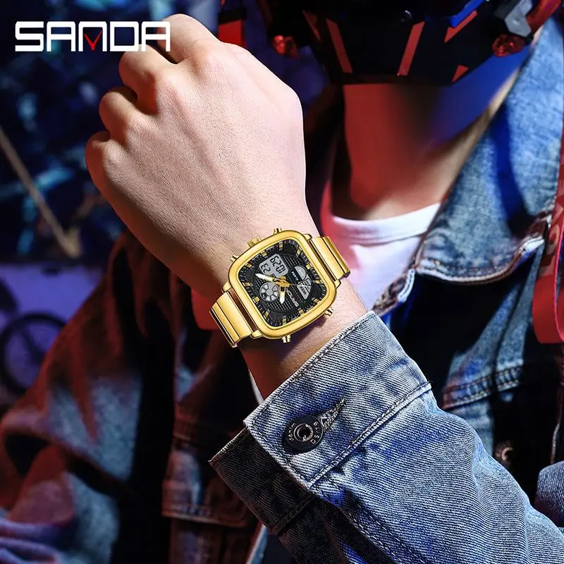 SANDA Klassiek quartz elektronisch herenhorloge met dubbele beweging, waterdicht nachtlampje, stopwatch, wekker, vierkant herenhorloge