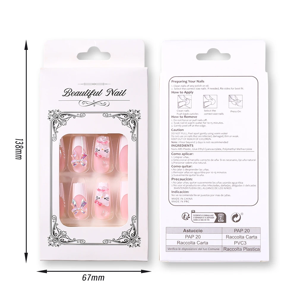 24 ชิ้นยาวสแควร์ Hello Kitty ฝรั่งเศสเล็บปลอมอะคริลิคเต็มเล็บปลอม Hello Kitty Bow Rhinestone กดบนเล็บ