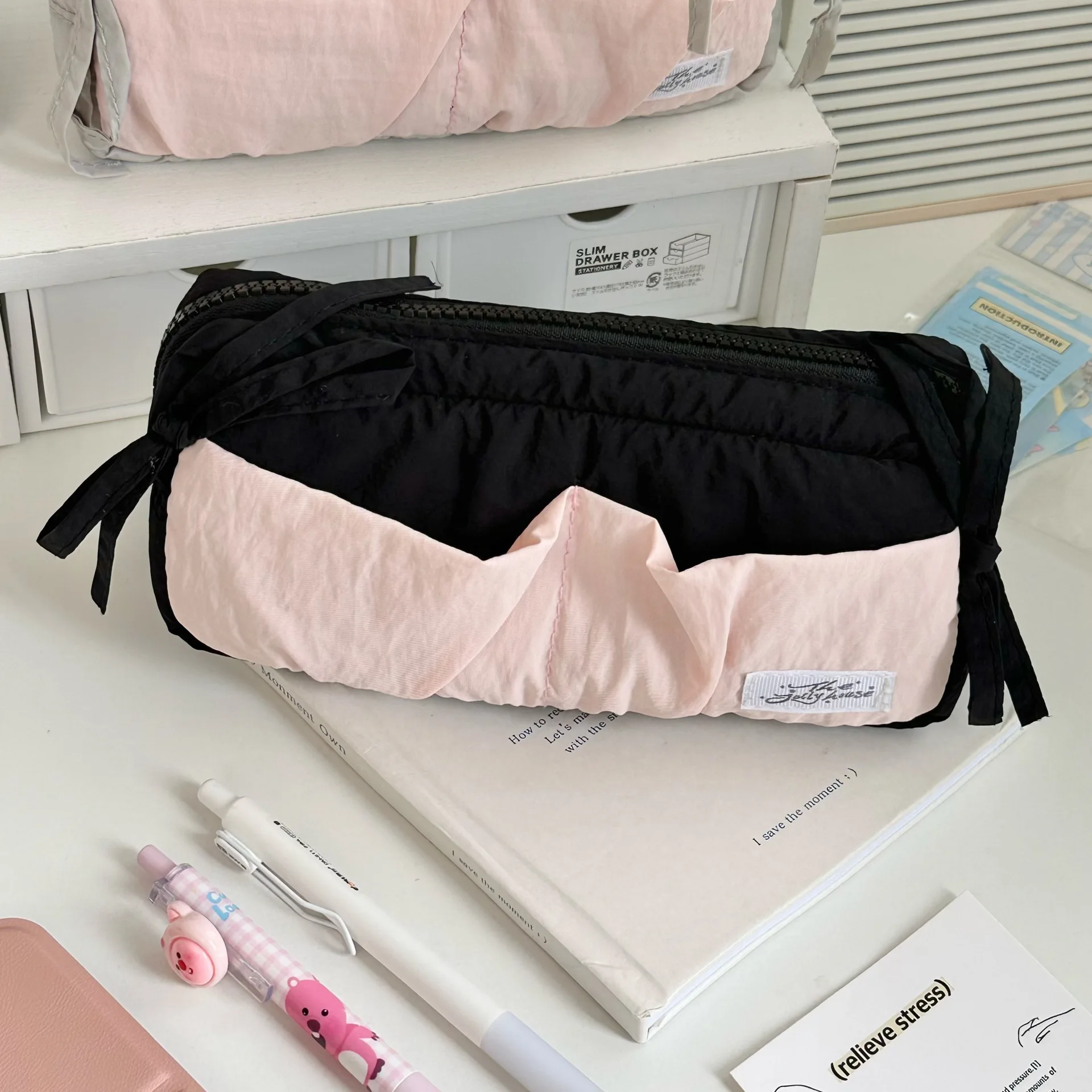 Soft Fluffy Pen Bag Double Bow Decor Large Storage Cute Stationery Organizer for Teen Girls Middle High School Supplies