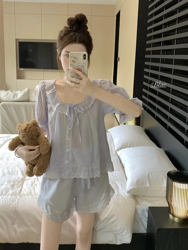 Lace Solid Simple Summer Sweet Sleepwear Home Princess Short Sleeved Pajama Set Women Girlish Style Elegant Casual Comfortable