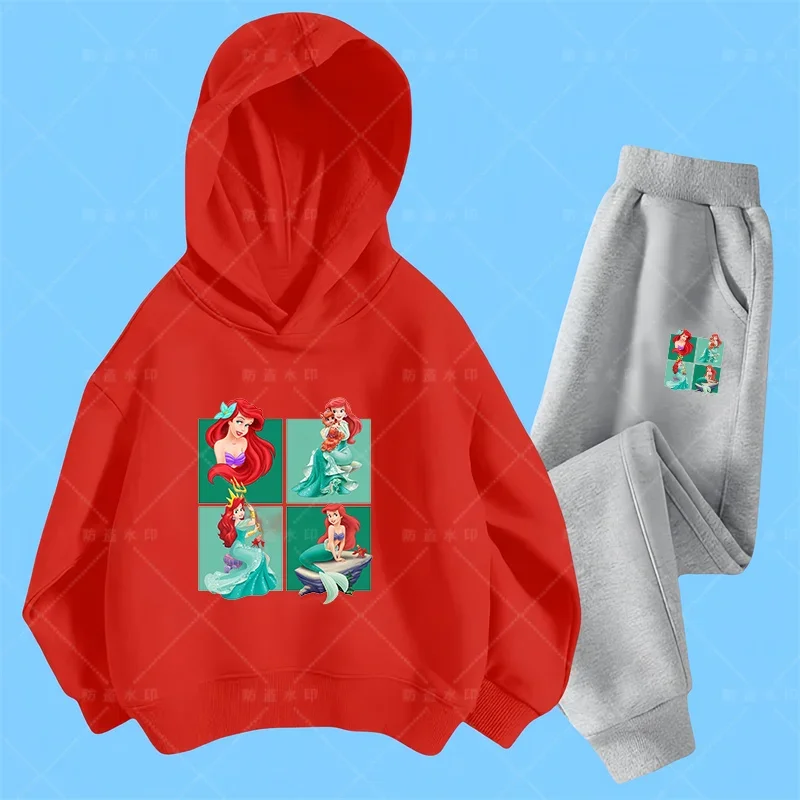Disney The Little four grid Mermaid Hoodie Set Girls Cartoon 3-14 Years Old Kawaii Street Kids Sweatshirt Children\'s Trucksuit