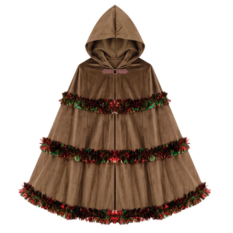 Women Christmas Hooded Velvet Cape Dark Blue Xmas Tinsel Trim Cloak Holiday Party Cosplay Fancy Dress Costume view 3