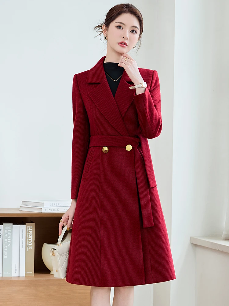 Red Coat Jacket Women's Winter 2026 New Medium Length Waist-Cinching Slimming Commute Office Casual Elegance Coat