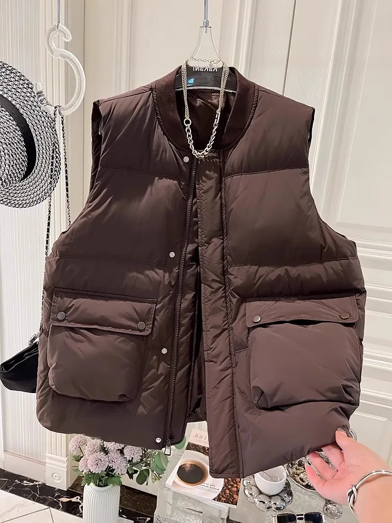 سترات قطنية بدون أكمام معطف نسائي للخريف والشتاء بياقة دائرية وجيوب واحدة صدرية سترات خارجية دافئة