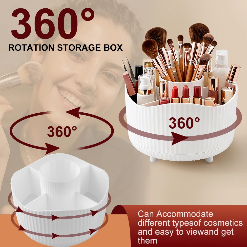 Rotating Makeup Organizer Cosmetic Display Case with Brush Holder Perfume Tray Storage Solution for Vanity Bathroom Countertop
