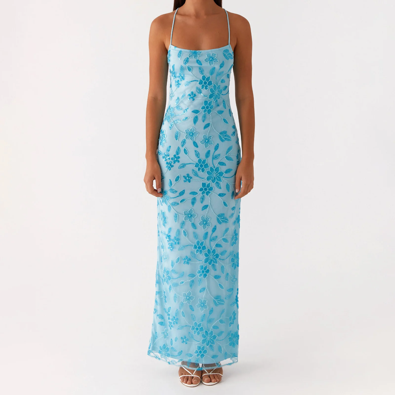 Kobiety Seksowna sukienka z cekinami z koralikami Sparkly Maxi Dress y2k Coquette Square Neck Floral Cami Side Split Glitter Bodycon Long Dress Clubwear