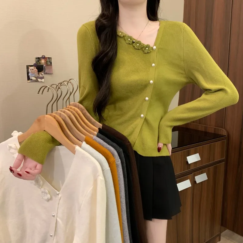 

Ele Beaded Flower Irregular Design Slimming Versatile Top Korean Sle Long Sve ort Length Color Button Closure