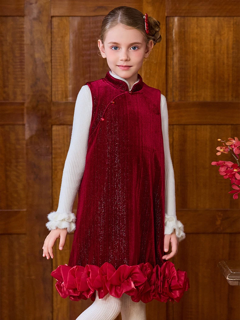 Girls Chinese Cheongsam Dress Sleeveless, Christmas Party Toddler Girl Wear Red Qipao with Lace Trim for Holiday Photos
