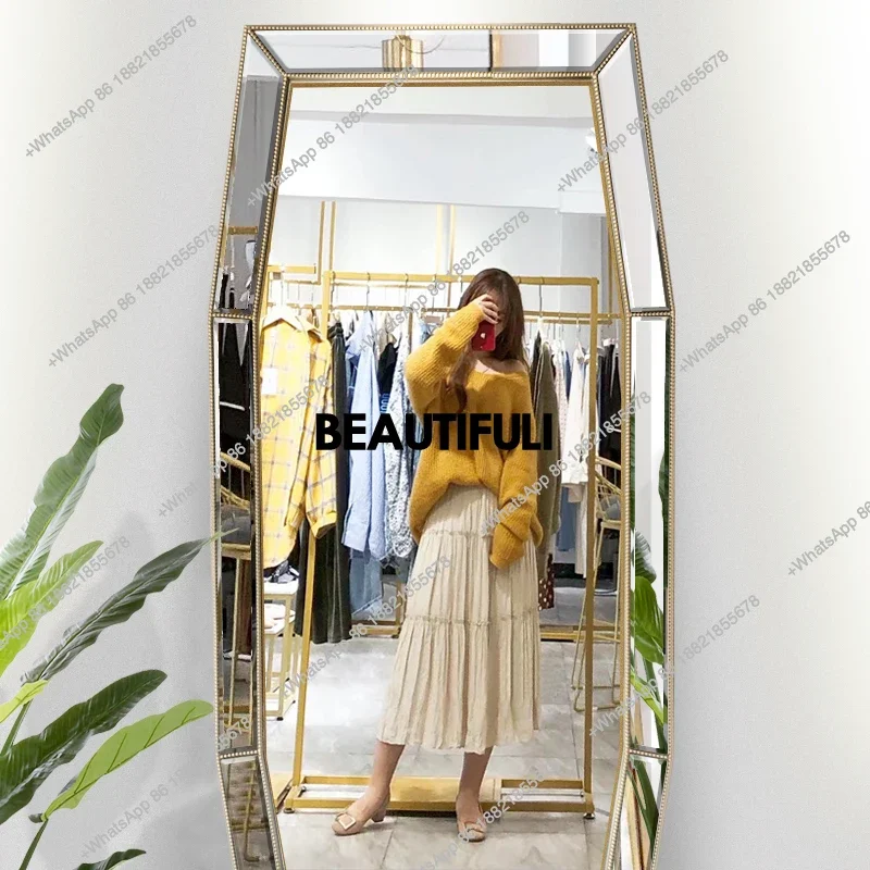 European full-body mirror carved dressing wall hanging floor mirror clothing store fitting mirror showing thin floor