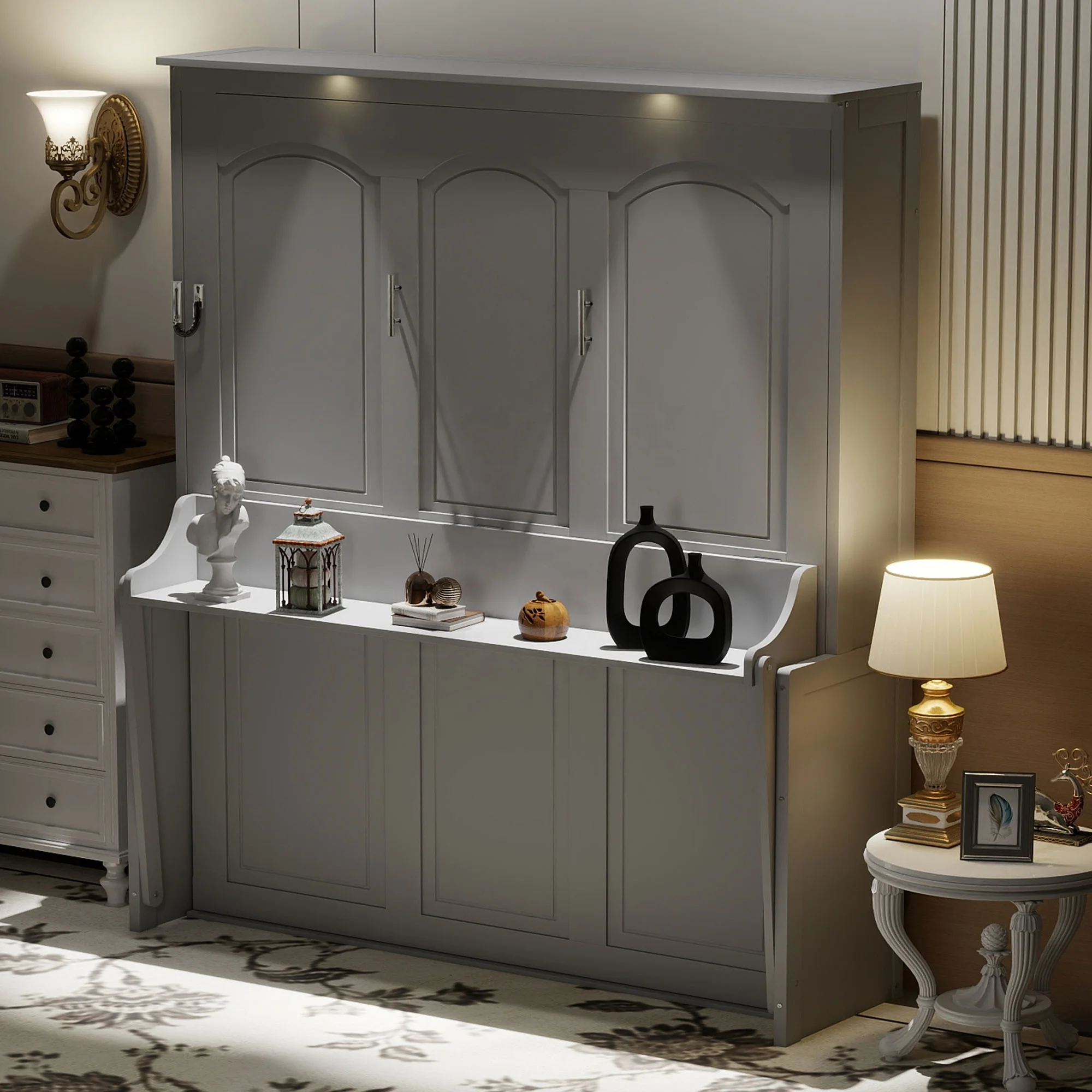 Modern Murphy Bed With Desk Bookshelf Cabinet Queen Size Gas Spring Mechanism LED Desk Combo Space-Saving Home Office Guest Room