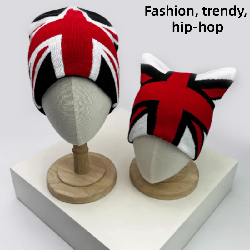 Trendy Hip-hop Street Red Blue Clash Union Jack Jacquard Warm Beanie Hat Suitable for Autumn Winter Outdoor Casual Wear
