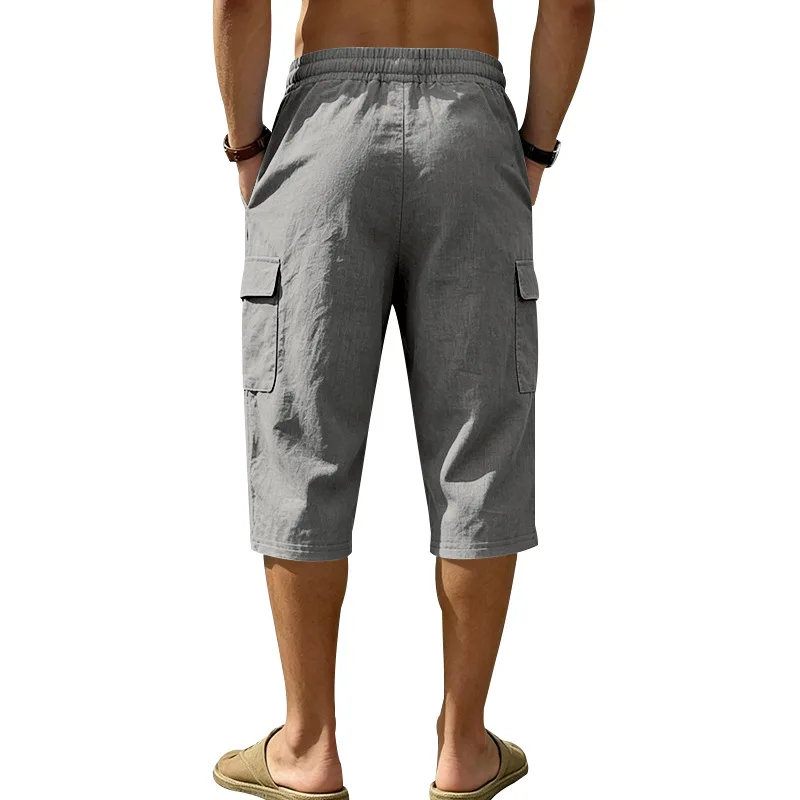 Europäische und amerikanische Sommer-Shorts aus Leinen für Herren, lässig, Outdoor, Arbeitskleidung, Pendler, Sport, Multi-Pocket, 7/8-Länge – Detail 39