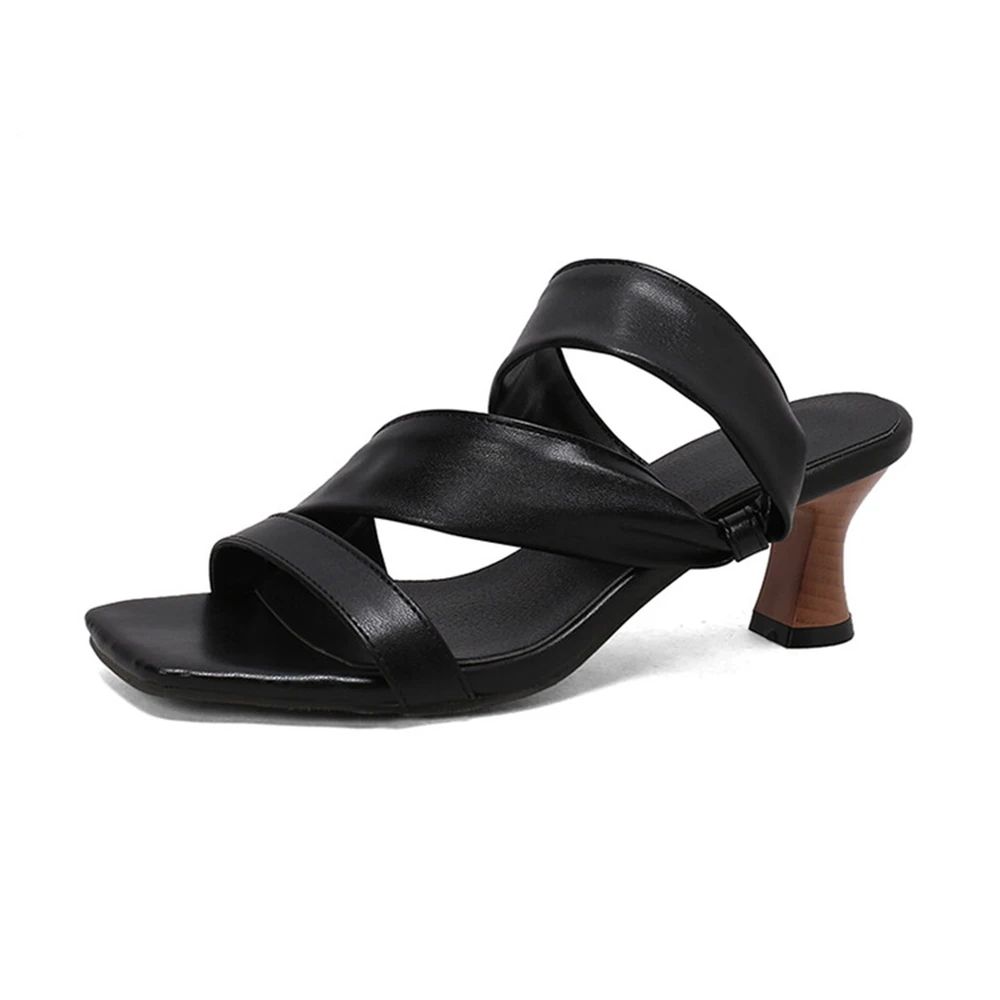 Plus Size Women Slip on Mule Sandals Open Square Toe Curved Kitten Heel 32-50 Sizes Casual Dress Heels Multiple Colors 2416