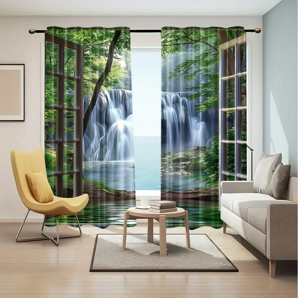 Waterproof Nature Waterfall Curtains for Living Room Drapes Forest View Window Treatment Romantic Home Decor Curtains