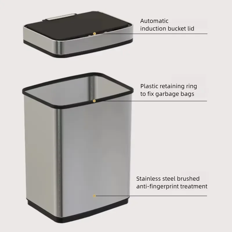Smart Standing Stainless Steel Trash Can Household 45L-70L Large-Capacity Square Electric Inductive Control Sensor Bin